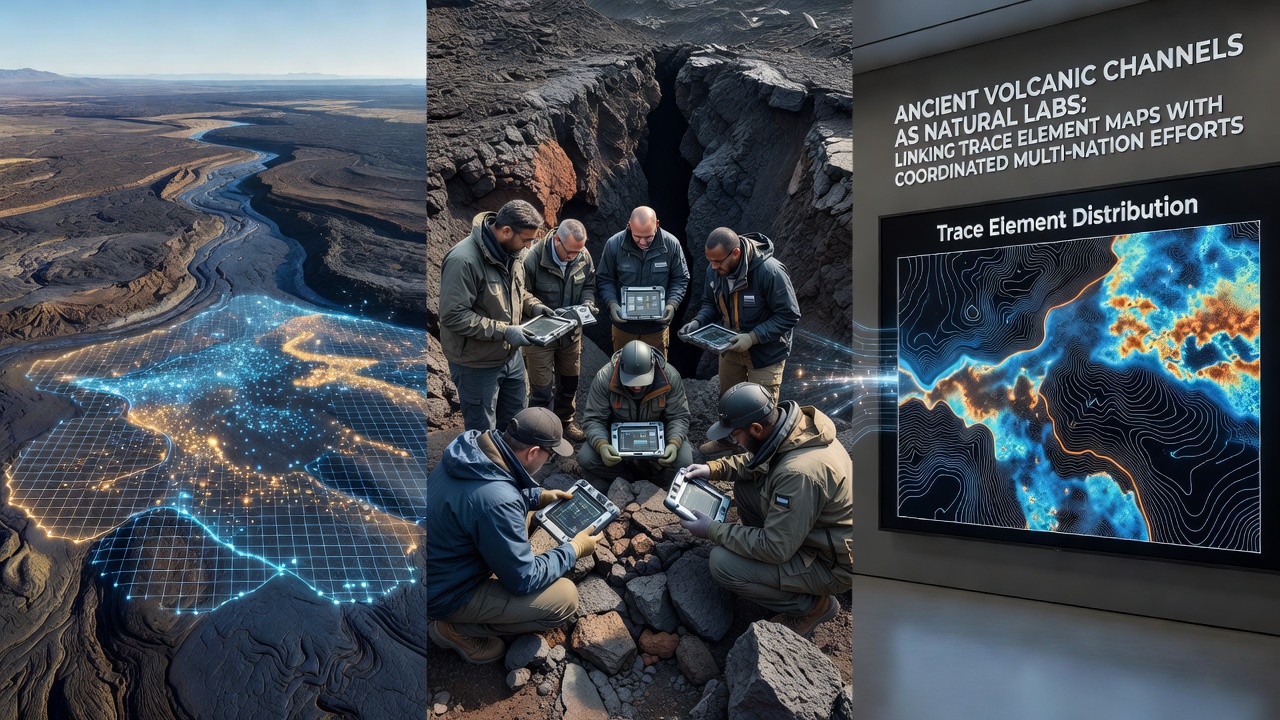 Multi-nation research teams monitoring plant growth chambers inside a lunar volcanic channel