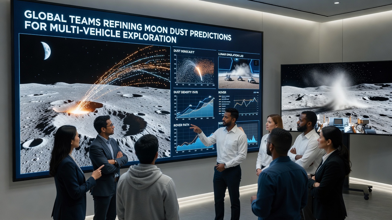 Multi-vehicle coordination simulations showing dust plume interactions during Artemis-style lunar operations